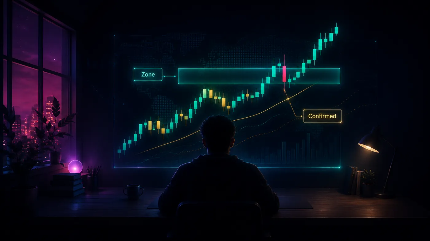 Silhouette of a person at a desk at night facing a glowing candlestick chart showing a zone and confirmation